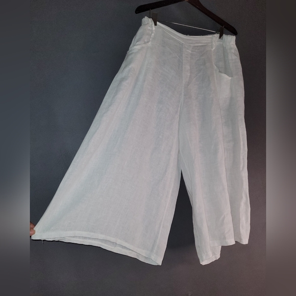 Women white 100% linen wide leg pant elastic waist made in italy M - Picture 3 of 5